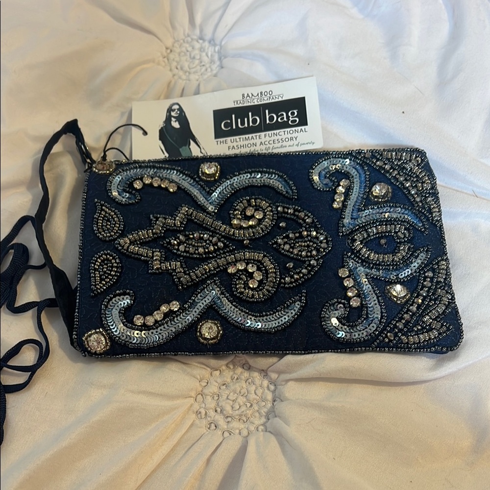 Blue and Silver Beaded Clutch with Structured Design